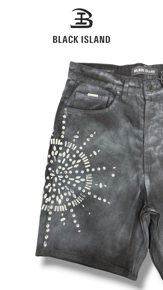 RHINESTONE WASHED DENIM SHORTS BLACK ISLAND 3733