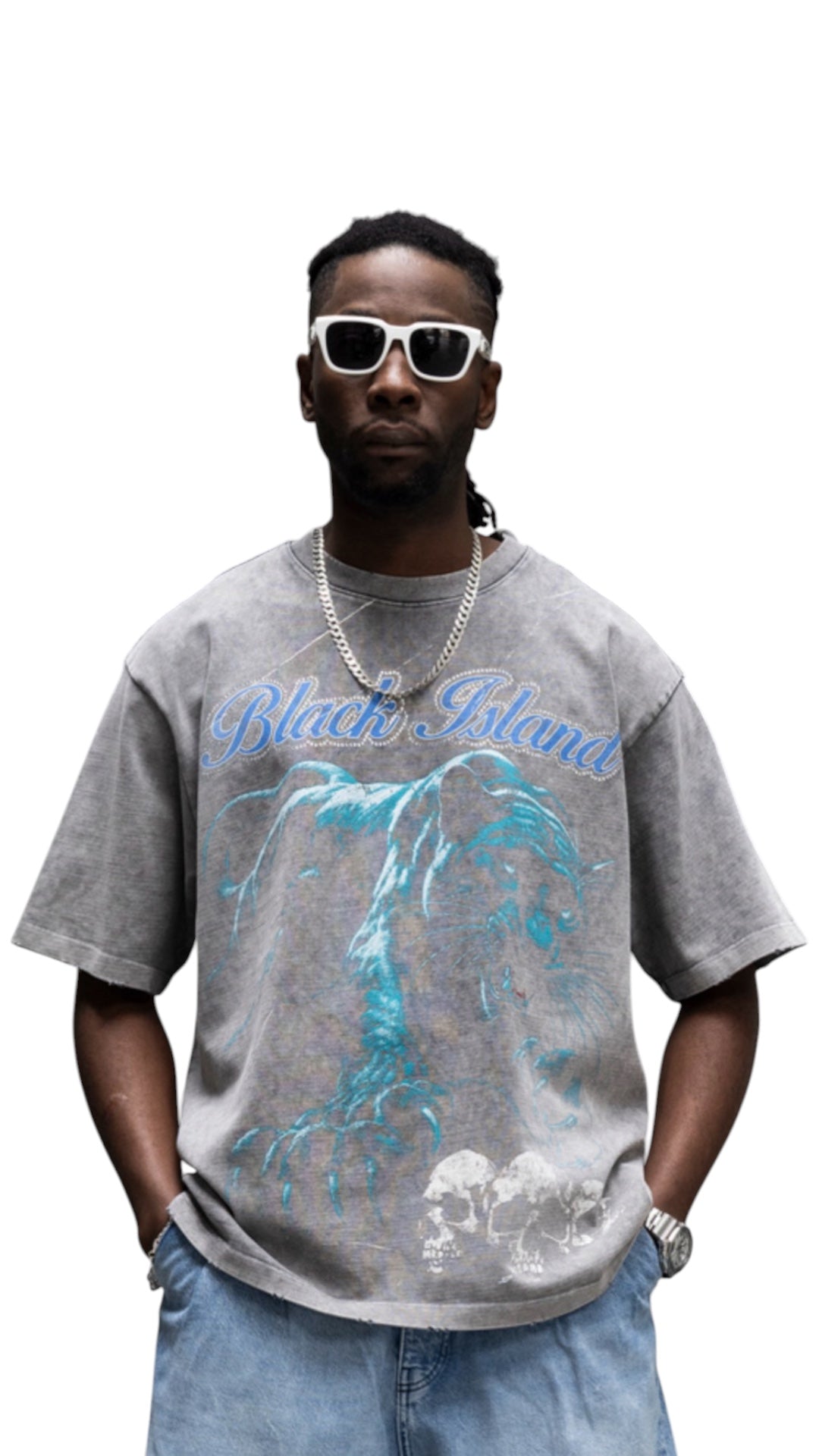 PANTHER GRAPHIC WASHED GREY TEE BLACK ISLAND 1990