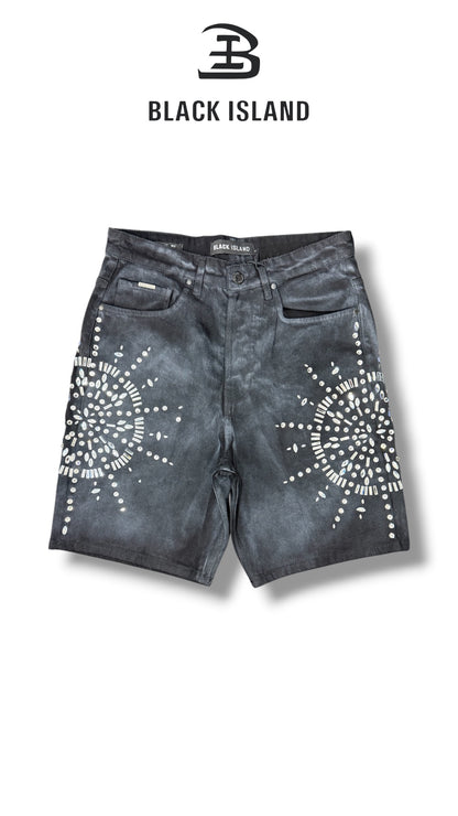 RHINESTONE WASHED DENIM SHORTS BLACK ISLAND 3733
