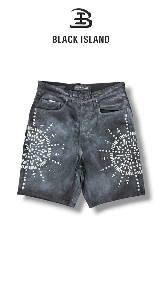 RHINESTONE WASHED DENIM SHORTS BLACK ISLAND 3733