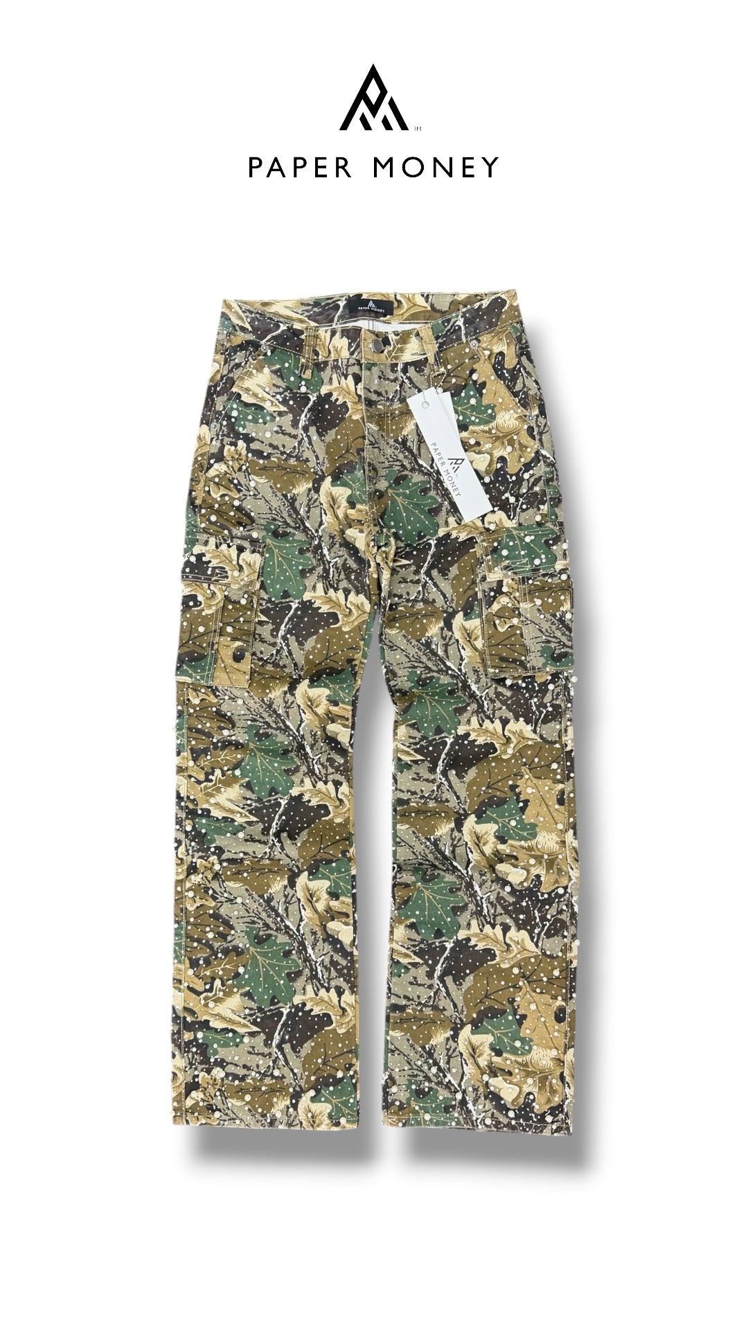 PAPER MONEY PEARL CRYSTALIZED CAMO PANTS