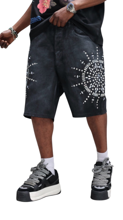 RHINESTONE WASHED DENIM SHORTS BLACK ISLAND 3733