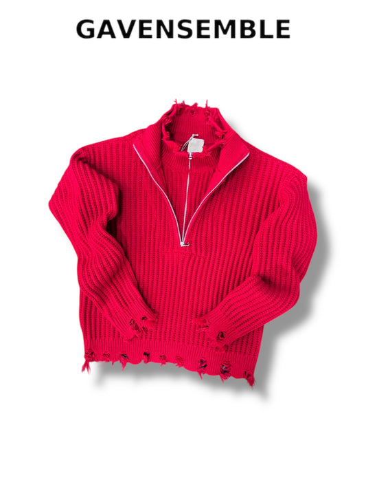 RED HALF DOUBLE ZIP SWEATER