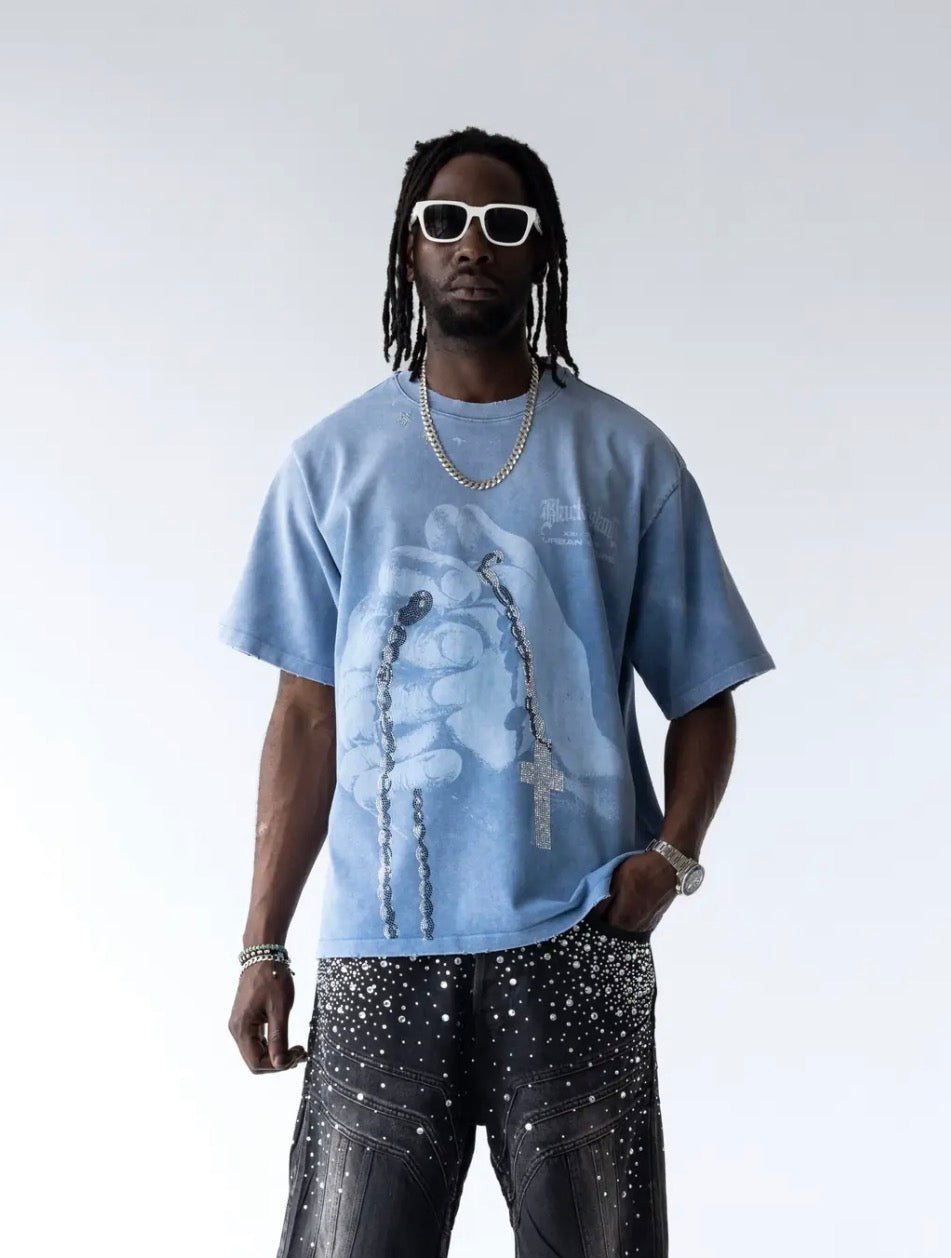 WASHED CRUCIFED BLUE TEE BLACK ISLAND
