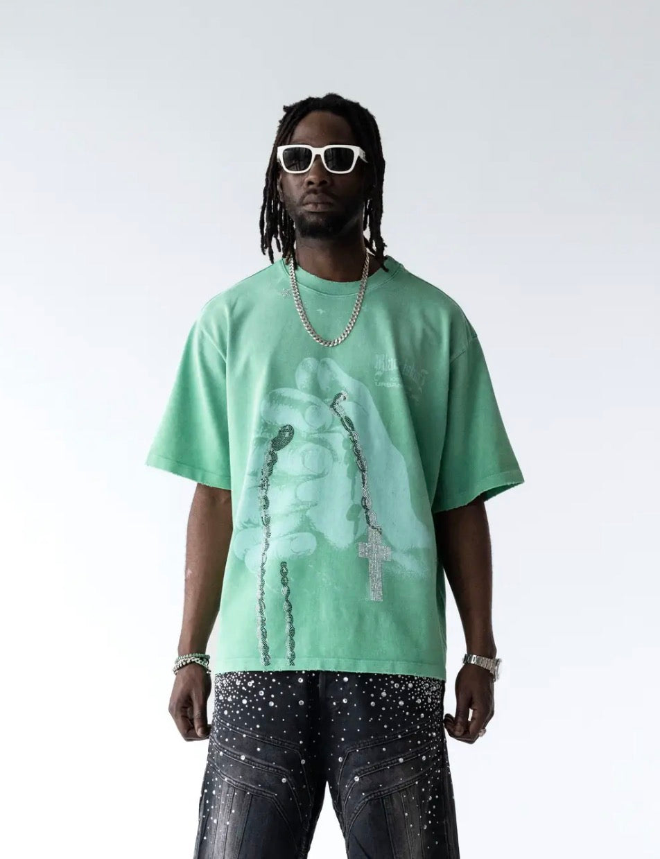 WASHED CRUCIFED MINT GREEN TEE BLACK ISLAND