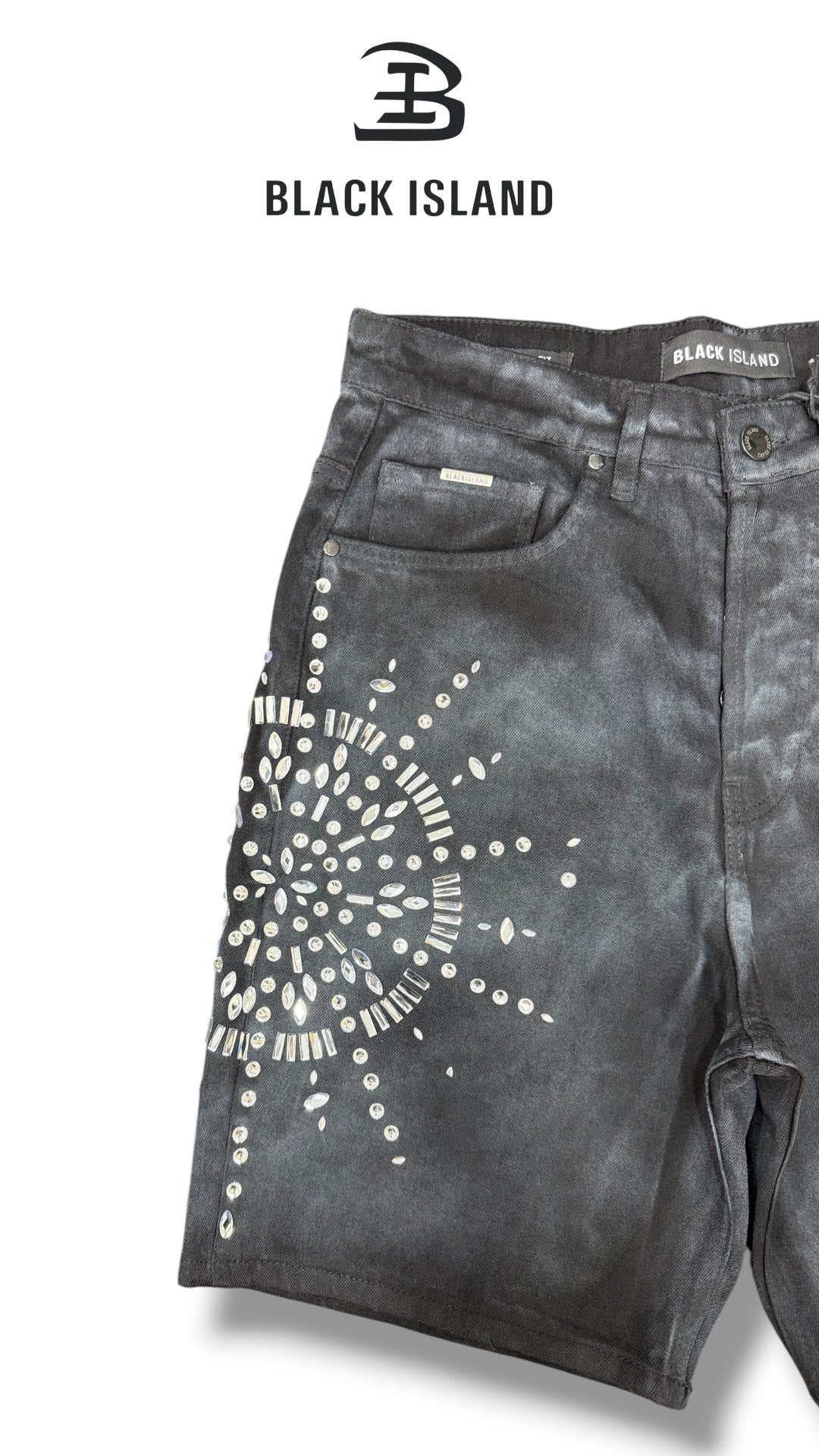 RHINESTONE WASHED DENIM SHORTS BLACK ISLAND 3733