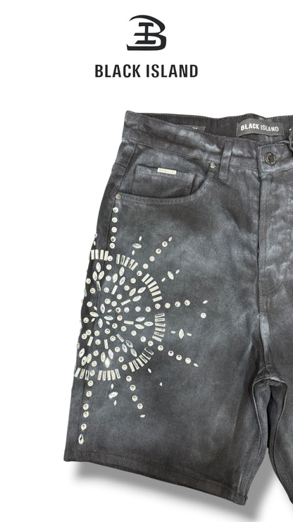 RHINESTONE WASHED DENIM SHORTS BLACK ISLAND 3733