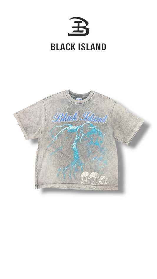 PANTHER GRAPHIC WASHED GREY  TEE BLACK ISLAND 1990