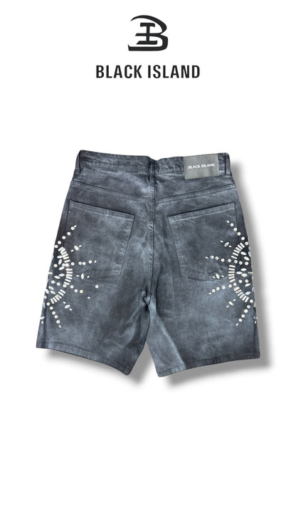 RHINESTONE WASHED DENIM SHORTS BLACK ISLAND 3733