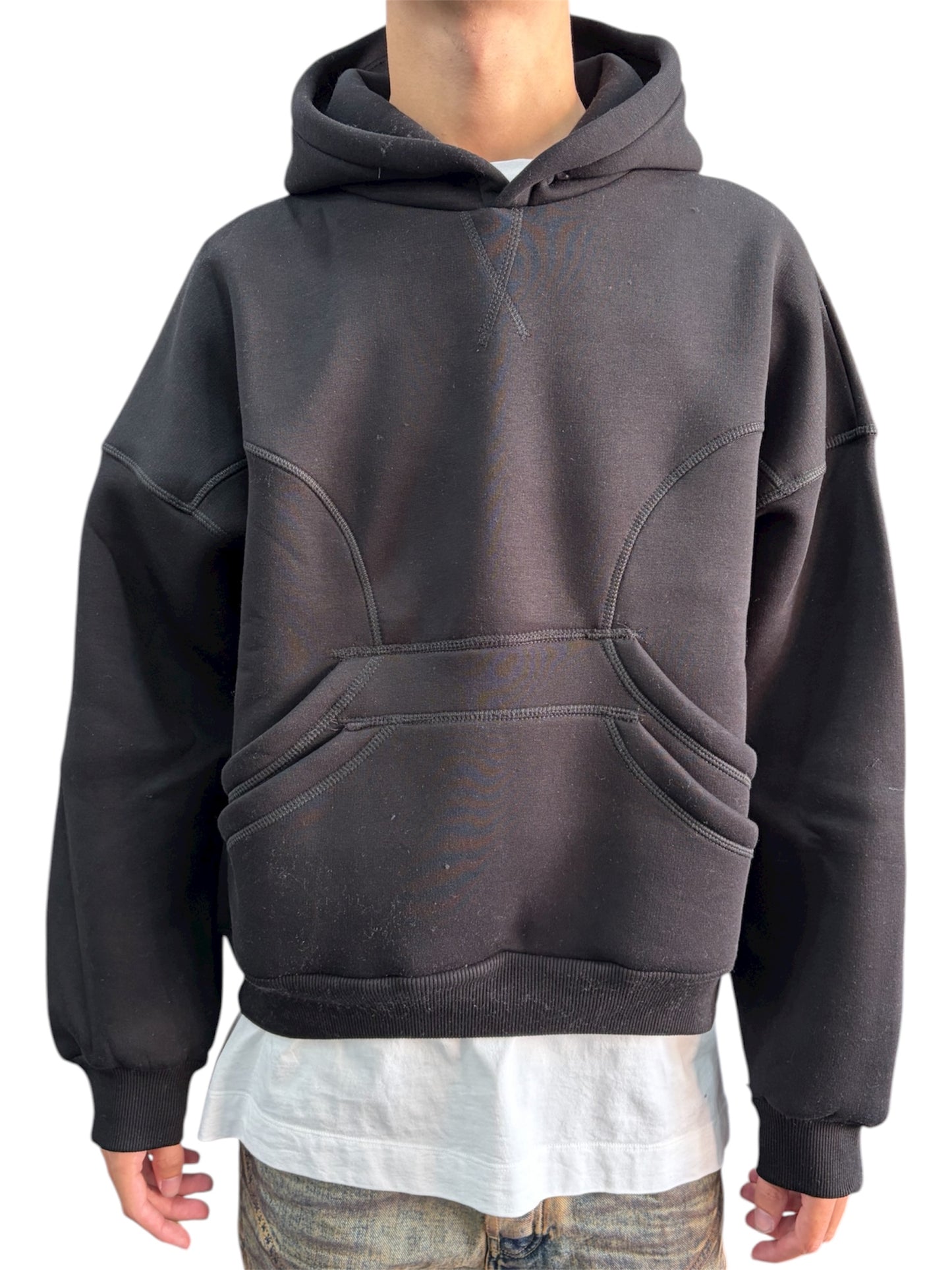 HOODIE STITCHING-DOUBLE POUCH BLACK