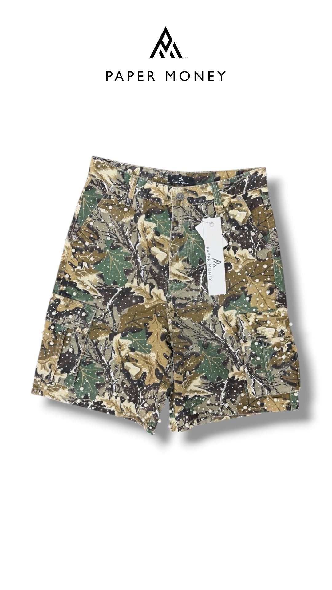 PAPER MONEY PEARL CRYSTAL SHORTS CAMO FLORAL